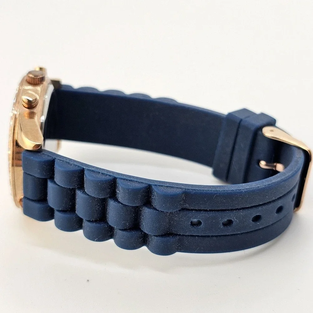 Women's Watch 38MM‎ Rose Gold Dial Crystal Bezel Blue Plastic Bands New Battery